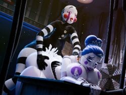 2026 3d 3d_(artwork) 3d_render ambiguous_gender animatronic animatronic_female ballerina ballora_(fnafsl) bent_over big_breasts black_body blue_highlights cum cum_in_ass female five_nights_at_freddy's five_nights_at_freddy's:_sister_location jordevoir marionette_(fnaf) puppet_(fnaf) purple_nipples robot robot_girl robot_joints thick_thighs white_body white_face