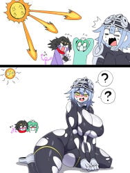 4girls armor black_hair blush blushing female female_only gloves green_hair helmet hermit_purple jojo's_bizarre_adventure large_ass large_breasts mannungei mask red_scarf rule_63 silver_chariot silver_hair star_platinum stardust_crusaders sun the_sun_(tarot) thick_thighs thighs torn_clothes yellow_eyes