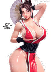 1girl absurdres arm_behind_head arms_up artist_name ass beckoning big_breasts blush blush_lines blushing breasts brown_eyes cleavage collarbone commentary covered_nipples cowboy_shot english_commentary english_text fan fatal_fury folding_fan grabbing_own_breast hand_fan high_ponytail highres holding holding_fan huge_breasts king_of_fighters mai_shiranui mika_dawn mikadawn motoyui my_eyes_are_up_here patreon_username pelvic_curtain ponytail presenting_own_body revealing_clothes seductive_smile shiranui_mai simple_background smile snk solo thick_thighs thighs thin_waist trembling white_background wide_hips