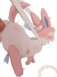 anus blush bodily_fluids eeveelution feet female feral forced generation_6_pokemon genitals hi_res nintendo penetration penile penile_penetration penis penis_in_vagina pink_ears pokemon pokemon_(species) saliva shaking simple_background sweat sylveon tears toes tongue tongue_out trembling vaginal vaginal_penetration vulva white_background white_body yelushiku