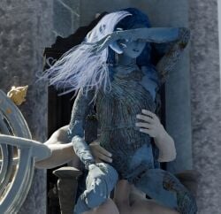 ranni_the_witch menininini fromsoftware elden_ring four_arms multi_limb blue_hair blue_skin doll accurate_body_type blender 3d faceless_male reverse_cowgirl_position sitting_on_lap penis wedding_ring