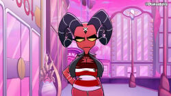 vivziepop hellaverse helluva_boss barbie_wire demon demon_girl otakusedits demon_horns horns public city looking_at_viewer big_breasts big_tits big_boobs cleavage cleavage_window imp hell red_body red_skin female female_only female_focus screencap screenshot screenshot_edit screencap_edit nsfw thick
