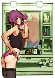 2boys 2n5 ass black_legwear brushing_teeth censored covered_nipples cup ear_piercing erection femboy grin hair_over_one_eye heart heart_censor highres looking_at_viewer male_focus multiple_boys navel original otoko_no_ko panties penis piercing pink_panties purple_eyes purple_hair short_hair smile tank_top thighhighs toothbrush trap underwear