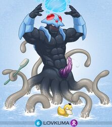 anthro anthrofied armor bath black_body black_skin blue_background brush cephalopod cnidarian coleoid curved_penis elemental_manipulation genitals hi_res holding_brush holding_object jellyfish lovkuma male marine medusozoan mollusk nintendo octopodiform partially_submerged penis pokémon_(species) pokémorph pokemon rubber_duck signature simple_background solo spiral_penis tapering_penis tentacle tentacle_monster tentacruel text video_games water water_manipulation