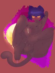 absurd_res anthro anus armpit_showing balls_focus blue_hair bodily_fluids brown_body brown_fur brown_nipples embarrassed feet_on_penis femboy fur genital_fluids genital_focus hair hi_res male musk nerves niko_(oneshot) nipples nude oneshot penis_focus precum purple_hair sliceofpie slightly_muscular solo sweat yellow_sclera