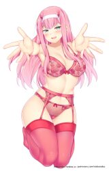 blue_eyes blush bra darling_in_the_franxx garter_belt garter_straps headband lingerie long_hair medium_breasts nabunabu panties pink_hair smile stockings tagme zero_two_(darling_in_the_franxx)