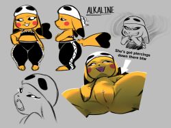 alkaline_(tofuuu) barefoot big_butt black_body black_bottomwear black_clothing black_fur black_nose black_pants black_sclera black_topwear bottomwear butt clothed clothing dipstick_ears dipstick_tail ear_markings eyelashes featureless_chest feet female female_only feral flat_chested floppy_ears front_view fur generation_1_pokemon genital_piercing genitals grey_background hand_on_hip hat hat_only headgear headgear_only headwear headwear_only hi_res looking_at_viewer lop_ears low-angle_view markings mostly_nude multicolored_ears nintendo nude open_mouth open_smile pants piercing pikachu pokemon pokemon_(species) rosy_cheeks side_view simple_background smile solo spread_legs spreading tail tail_markings team_skull text thick_thighs tofuuu topwear vulva vulva_piercing white_eyes wide_hips yellow_body yellow_fur