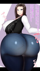 1girls ass ass_focus back_view bang_dream! big_ass big_breasts brown_hair bubble_ass bubble_butt eye_contact fat_ass female huge_ass huge_breasts japanese_text jeans large_ass large_breasts long_hair looking_at_viewer looking_back massive_ass nipple_bulge nipples_visible_through_clothing pants pantylines purple_eyes sideboob solo text thick_ass thick_thighs thighs tight_clothing tight_jeans tight_pants voluptuous wakana_rei wide_hips yeneisha