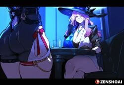 2026 2d 2girls absurd_res absurd_resolution absurdres ai_generated ass back_cutout black_gloves breasts chair choker cinematic cinematic_lighting cleavage clothing_cutout crossed_legs cup earrings female female_only gloves hat hi_res high-waist_shorts high_quality high_resolution highres honkai:_star_rail honkai_(series) huge_ass huge_breasts image jade_(honkai:_star_rail) jewelry large_breasts letterboxed long_hair multiple_girls necklace patreon patreon_username purple_hair shorts sitting table thick_thighs thighs topaz_(honkai:_star_rail) uncensured watermark zenshoai