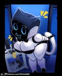 anthro bellabot big_breasts black_border black_bow_tie black_clothing black_eyes black_leotard blue_nose blue_sclera border bow_tie breasts cleavage clothed clothing domestic_cat felid feline felis female female_only front_view hi_res kerfus leotard looking_at_viewer mammal robot_anthro screen screen_face sex_toy solo thick_thighs tofuuu white_body wide_hips