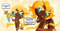 1boy 1girls accurate_art_style barely_clothed cookie_run cookie_run_kingdom cum dark-skinned_female dark_skin dominant dominant_female domination female flat_chest gold gold_anklet gold_armlet golden_cheese_cookie golden_week looking_at_viewer low-angle_view nipples nude penis pubic_hair pubic_tattoo pussy smirk smug smug_face soff_doll spread_pussy stepped_on tattoo text twintails uncensored yellow yellow_eyes yellow_hair