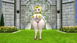 1girl 3d 3d_(artwork) blonde_hair blue_eyes breasts cameltoe church circlet closed_mouth collarbone covered_nipples curvy elbow_gloves female female_only flower forehead_jewel full_body gloves grass high_heels huge_breasts jumajuju large_breasts legs long_hair looking_at_viewer navel outdoors panties pasties pink_footwear plump pointy_ears princess_zelda purple_footwear purple_panties shoes skindentation smile solo source_filmmaker spirit_tracks standing sunflower the_legend_of_zelda thick_thighs thighs tiara toon_zelda topless tree triforce underwear white_gloves white_skin wide_hips wind_waker yellow_flower