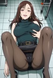 ai ai_generated big_ass black_high_heels black_panties brown_hair cameltoe covered_nipples deep_skin fancyvision female female_only grabbing grabbing_own_breast green_shirt grey_skirt half-closed_eyes high_heel_boots high_heels hospital ieiri_shoko jujutsu_kaisen knees_up laboratory lace-trimmed_panties legs_apart legs_up lipstick long_hair lying lying_on_back medium_breasts miniskirt mole_under_eye pantyhose platform_heels puffy_nipples purple_eyeshadow shoko_ieiri skirt sleeveless_shirt smiling spread_legs squeezing_breast suggestive_look tank_top thick_thighs tiled_floor wide_hips