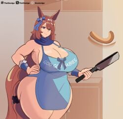 2d apron background big_ass big_breasts blue_eyes breasts brown_hair cooking english_text female female_only frying_pan half_naked hands_on_hips happy happy_female hips_wider_than_shoulders horse_ears horse_girl horse_tail kitchen looking_at_viewer milf mommy pancake scarf super_creek_(murmuring_stream)_(umamusume) super_creek_(umamusume) theomaiga thick thick_ass thick_hips thighs umamusume umamusume_pretty_derby