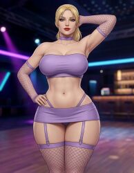 1girls ai_assisted ai_generated armpit_crease armpits belly_button blonde_hair blurry_background busty choker cleavage club curvy dance_floor disco_lights eyelashes eyeshadow fishnet_gloves fishnet_stockings fishnet_thighhighs grey_eyes grok hand_on_hip hourglass_figure large_breasts light-skinned_female lipstick looking_at_viewer low_ponytail mature_female microskirt midriff miniskirt narrow_waist neon neon_lights nipple_bulge one_arm_behind_head one_hand_on_hip posing purple_clothing realistic rgomez007 seductive_look self_upload side_swept_bangs slutty_female smiling_at_viewer solo_female standing thick_lips thick_thighs thigh_strap thong_panties tied_hair tubetop wide_hips
