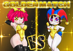 2girls arms_behind_head armwear big_breasts black_armwear black_legwear black_thighhighs breasts brown_hair catfight doll_girl female_focus female_only golden_leotard golden_week hair_bow jester jester_cap jester_girl jester_hat large_breasts legwear leotard octavoid pomni_(dancer_outfit) pomni_(the_amazing_digital_circus) ragatha_(dancer_outfit) ragatha_(the_amazing_digital_circus) red_hair short_hair the_amazing_digital_circus thick thick_thighs thighhighs thighs wide_hips