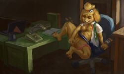 5:3 absurd_res animal_crossing anthro areola black_nose blue_bottomwear blue_clothing blue_skirt blush bottle bottomwear breasts brown_eyes canid canine canis clothed clothing clothing_around_one_leg container digital_media_(artwork) domestic_dog drunk eyelashes feet female fingering fingering_self floppy_ears front_view fur genitals green_clothing green_topwear green_vest hi_res holding_bottle holding_container holding_object isabelle_(animal_crossing) lop_ears mammal masturbation monduck nintendo nipples office orange_areola orange_nipples panties panties_around_one_leg panties_down partially_clothed pink_clothing pink_panties pink_underwear shih_tzu shirt sitting skirt small_breasts solo substance_intoxication thick_thighs topwear toy_dog underwear underwear_around_one_leg underwear_down vest vulva white_clothing white_shirt white_topwear wide_hips yellow_body yellow_fur