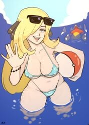 1girls 1other artist_name big_breasts bikini blonde_hair breasts cynthia_(pokemon) day female female_only garchomp hair_over_one_eye high-angle_view human human_female kooprite light-skinned_female light_skin long_hair looking_at_viewer nipple_bulge outdoors pokemon questionable solo_focus standing_in_water sunglasses sunglasses_on_head thick_legs thick_thighs thighs water waving waving_at_viewer