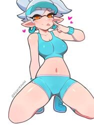 1girls marie_(splatoon) splatoon nintendo bushii_(bo0xhy) white_hair hair visor headwear orange_eyes pointy_ears earrings ear_piercing hoop_earrings tongue tongue_out heart hearts sports_bra sportswear sports_uniform topwear bottomwear blue_shorts shorts clothing medium_breasts breasts on_knees shoes footwear thighs white_background solo solo_female female female_only
