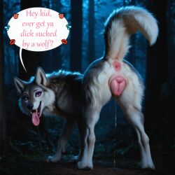 2026 ai_generated anatomically_correct animal_genitalia animal_pussy anus big_pussy bodily_fluids butt canid canine canine_genitalia canine_pussy canis claws dialogue digital_media_(artwork) dripping english_text eyeshadow fangs female female_feral feral forest fur furry genital_fluids genitals grey_body grey_fur gridanon hey_kid_ever_had_ya_dick_sucked hi_res lipstick looking_at_viewer looking_back looking_back_at_viewer makeup mammal meme meme_2026 nail_polish nature nature_background night open_mouth outside paws pink_anus pink_genitals pink_pussy plant plump_labia presenting presenting_anus presenting_hindquarters presenting_vulva purple_eyes pussy pussy_juice raised_tail saliva solo speech_bubble stable_diffusion tagme tail tail_anus talking_feral talking_to_viewer teeth text tongue tongue_out tree vaginal_fluid_drip white_body wolf