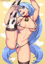 alternate_version_available bell bikini blue_eyes blue_hair breasts cleavage collar cow_bikini cow_girl cow_print cowbell female female_focus female_only heart leg_up long_hair micro_bikini my_hero_academia nejire_hado open_mouth oversplit patreon redjet side-tie_panties simple_background splits stockings thick_thighs thighs url vertical_splits yellow_background