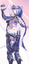 1girl absurdres bdsm blue_hair bondage bound breasts commentary_request cuffs drooling egg_vibrator female female_only gag gagged guangmi handcuffs highres kuma_kuwa long_hair looking_at_viewer mechanical_arms mechanical_legs medium_breasts ponytail promeia_(zenless_zone_zero) purple_eyes purple_thighhighs restrained sex_toy shibari skindentation solo stirrup_legwear thighhighs toeless_legwear very_long_hair vibrator wiffle_gag zenless_zone_zero