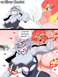5girls armor armored_female black_hair breast_grab female female_only fencer fire gloves grabbing_breasts green_eyes green_hair helmet hermit_purple hierophant_green jojo's_bizarre_adventure large_ass large_breasts magician's_red mannungei red_hair rule_63 saber_(weapon) shirtless silver_chariot silver_hair star_platinum stardust_crusaders text thick_thighs thighs topless torn_clothes yellow_eyes yellow_highlights yuri