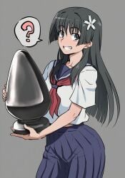 a_certain_scientific_railgun black_buttplug black_hair buttplug flower_in_hair giant_buttplug gigantic_buttplug green_eyes holding_buttplug huge_buttplug hyper_buttplug massive_buttplug pleated_skirt ryona saten_ruiko schoolgirl_uniform skirt smiling to_aru_kagaku_no_railgun