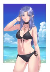 1girls arm_up armpits bangs bare_arms bare_shoulders beach bikini black_bikini bracelet braid breasts caster_(fate/stay_night) choker cleavage cowboy_shot fate/grand_order fate/stay_night fate_(series) feathers female female_focus female_only fit fit_female highres hikichi_sakuya jewelry lipstick long_hair looking_at_viewer medea medea_(fate) medium_breasts midriff navel necklace pale-skinned_female pale_skin pointy_ears posing purple_eyes purple_hair solo stomach swimsuit thighs toned toned_female water