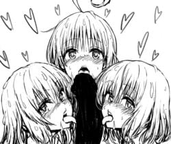 1boy 3girls ahoge blush breasts cheating collaborative_fellatio cum cum_on_hair cute dark-skinned_male fellatio female femsub foursome fuchi_(touo) greyscale heart-shaped_pupils hime_cut huge_cock lala_satalin_deviluke large_penis licking_penis long_penis looking_at_viewer maledom momo_velia_deviluke multiple_fellatio multiple_girls nana_asta_deviluke open_mouth oral penis penis_lick pink_hair short_hair sisters teamwork teenager to_love-ru tongue tongue_out very_long_hair