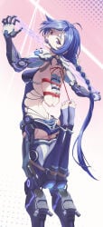 1girl absurdres bdsm blue_hair bondage bound breasts commentary_request cuffs drooling egg_vibrator female female_only gag gagged guangmi handcuffs highres kuma_kuwa long_hair looking_at_viewer mechanical_arms mechanical_legs medium_breasts ponytail promeia_(zenless_zone_zero) purple_eyes purple_thighhighs restrained sex_toy shibari skindentation solo stirrup_legwear thighhighs toeless_legwear very_long_hair vibrator wiffle_gag zenless_zone_zero