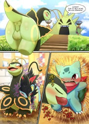 3_claws 3_toes absurd_res animal_genitalia anus backsack balls big_penis black_body black_eyes black_fur blue_body blue_fur blue_sheath blush bodily_fluids bulbasaur claws clenched_teeth comic dialogue english_text erection eyes_closed feet fellatio feral feral_on_feral feral_penetrated feral_penetrating feral_penetrating_feral fur generation_1_pokemon generation_2_pokemon generation_4_pokemon genitals green_anus green_balls green_body green_perineum green_scales heart_symbol hi_res japanese_text luxray male male/male male_penetrated male_penetrating male_penetrating_male markings meganium motion_lines nicobay niconium nintendo onomatopoeia oral penetration penile penis perineum phoenix_peregrine pokemon pokemon_(species) pokemon_mystery_dungeon pupils red_eyes red_nose red_penis saliva scales sex sheath smile sound_effects speech_bubble spike_chunsoft teeth text thrusting toe_claws toes tyranitar white_claws white_pupils yellow_body yellow_eyes yellow_inner_ear yellow_markings yellow_scales