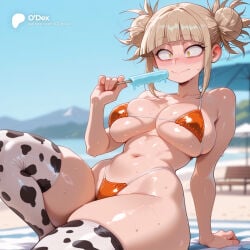 cartoony cartoon big_ass big_breasts large_breasts large_ass 1girls 1girl straight female solo_focus female_focus blurry_background blurred_background depth_of_field breasts ass thin_waist small_waist ai_generated odexai thick_thighs wide_hips absurd_res absurdres hi_res highres high_resolution high_quality toga_himiko himiko_toga my_hero_academia boku_no_hero_academia window hair_bun double_bun blonde_hair navel yellow_eyes messy_hair blush blunt_bangs sidelocks stomach thighs collarbone shiny_skin short_hair bare_shoulders wavy_mouth underboob swimsuit thighhighs bikini animal_print highleg_bikini cow_print micro_bikini string_bikini sitting arm_support looking_at_viewer food outdoors umbrella popsicle wet ice_cream beach ocean solo holding melting print_bikini blurry skindentation beach_umbrella sweat highleg day holding_food orange_bikini blue_sky sky closed_mouth beach_chair smile white_thighhighs sand