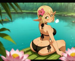 ai_generated arched_back bamboo big_ass bikini blonde_hair cra curvy dofus evangelyne female female_only flower flower_in_hair freckles green_eyes lily_(flower) looking_back lotus_blossom ocean pointy_ears stable_diffusion wakfu