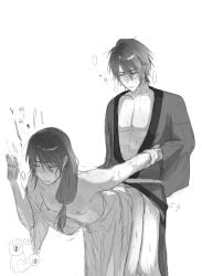 2boys anal anal_sex arm_grab arm_held_back bent_over bite_mark bite_marks blush from_behind gay gintama implied_anal katsura_kotarou kimono long-haired_male long_hair low-tied_long_hair male male_only monochrome no_visible_genitalia sweat takasugi_shinsuke wrist_grab yaoi