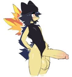1boy anthro big_balls big_penis blue_fur blush clothed clothing_aside fluffy_balls functionally_nude furry furry_only fuzzy_balls huge_cock hung_femboy hyper_balls hyper_genitalia hyper_penis male_only no_background pokemon red_eyes shiny_balls shiny_clothes shiny_thighs shiyaa_stuff tagme twink typhlosion useless_clothing yellow_fur