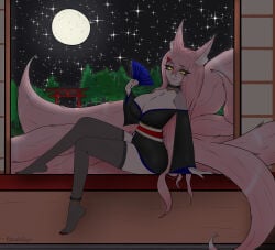 9_tails beautiful bell_accessory bell_collar black_kimono fan female female_only hairclip kimono kinu_no_mae kitsune kitsune_no_shujin large_breasts large_ears moon night nine_tailed_fox nonchalant original original_character patreon_username pink_hair self_upload slim_waist slit_pupils thighhighs torii watermark yellow_eyes