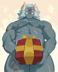 1boy abs bara blush box claws commentary completely_nude covering_crotch covering_privates demonzwdw english_commentary fangs fangs_out from_below furry furry_male gift gift_box highres holding holding_gift horns krampus_(housamo) looking_at_viewer looking_down male_focus multiple_scars muscular muscular_male no_male_underwear no_pants no_shirt nude parted_lips pectorals scar scar_on_arm scar_on_chest scar_on_shoulder scar_on_stomach scar_on_thigh sweatdrop tokyo_afterschool_summoners tusks whiskers