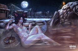 1 1girls aguas ahri ahri_(league_of_legends) boobs breast feet female female_only fox fox_ears fox_girl fox_tail hot_spring illustration league_of_legends league_of_legends:_wild_rift naked niramoli nude onsen sexy smile towel water