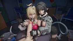 1boy 2girls 3d black_hair blonde_hair blue_eyes cissia_(zenless_zone_zero) erection female hoyoverse jane_doe_(zenless_zone_zero) light-skinned_female light-skinned_male light_skin male mihoyo mihoyo_technology_(shanghai)_co._ltd. penis red_eyes seth_lowell szoosemka thiren unseen_male_face zenless_zone_zero