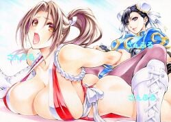 2girls big_breasts breasts breasts_out capcom catfight chun-li cleavage crossover exposed_breasts fatal_fury female fight fighting fighting_game king_of_fighters large_breasts lesbian mai_shiranui maruto_(marutohonpo) rivalry rivals snk snk_vs_capcom street_fighter thick_thighs thighs tits wrestling yqgkg yuri