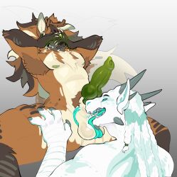 ambiguous_gender anthro antlers armpit_hair ball_lick balls body_hair canid canine clawing covering covering_face dragon duo erection facial_spikes genitals hi_res horn intersex intersex/intersex knot knotted_penis licking mammal maned_wolf mythological_creature mythological_scalie mythology nipples oral penis pointy_ears scalie sex spikes spikes_(anatomy) spread_legs spreading tail tail_motion tailwag tongue tusks xonn