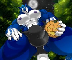 anthro big_bulge big_muscles biped blue_body bodily_fluids bulge clothing full_moon genital_fluids hi_res huge_bulge huge_muscles jack-o'-lantern lightwo lunarxlycan macro male male_only mane moon muscular muscular_anthro muscular_male precum precum_through_clothing precum_through_underwear sergal sergei_(lightwo) solo solo_male underwear vexedlupine werecreature wet wet_clothing