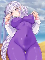 1girls belly braided_hair breasts_apart daytime denixsaw elf elf_ears elf_female emilia_(re:zero) female female_only hips_wider_than_shoulders jumpsuit large_breasts looking_at_viewer nipple_bulge offering_to_viewer purple_eyes re:zero_kara_hajimeru_isekai_seikatsu silver_hair skintight solo standing thick_thighs tight_clothing