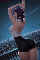 1girl ai_generated arms_up artist_name ass bare_shoulders black_shorts breasts building choker city city_lights cityscape female female_only green_eyes hi_res high_quality high_resolution looking_at_viewer looking_back night night_sky patreon seductive sexy shirt shorts sky skyscraper sleeveless solo thighs uncensored watermark white_shirt