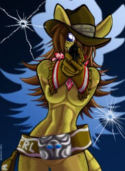 2006 aiming_at_viewer aiming_weapon anthro armadillo avencri belt blue_eyes breasts brown_hair clothing cracked_glass curvy_figure dated female female_only genitals gloves gun gunshot hair handgun handwear hat headgear headwear initials kerchief long_hair mammal mostly_nude neckerchief neckwear pistol pointy_ears ranged_weapon smile smiling_at_viewer solo tail tina_(avencri) vulva weapon xenarthran yellow_body