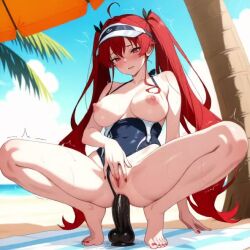 1girls ai_generated anal bare_legs barefoot beach beach_towel blush breasts breasts_out clothing_aside cloud day dildo dildo_riding eris_boreas_greyrat eris_greyrat feet female female_focus female_masturbation fingering full_body large_breasts legs lips masturbation mushoku_tensei mushoku_tensei_isekai_ittara_honki_dasu nail_polish nipples object_insertion one-piece_swimsuit outdoors palm_tree pussy pussy_juice sex_toy sky solo spread_legs squatting sweat swimsuit swimsuit_aside tagme thighs tiptoes toenail_polish toenails toes towel tree trembling twintails video visor_cap