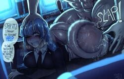 1boy 1girls 2d ahegao ahegao_face alternate_ass_size alternate_body_type alternate_breast_size ass ass_smack big_ass big_breasts blue_hair blushing bottom_heavy bottomless breasts bubble_ass bubble_butt dialogue english_text female gritting_teeth hand_on_head huge_ass jujutsu_kaisen kasumi_miwa male offscreen_male rough_sex sex smacking_ass text text_bubble theodyss waves_on_ass