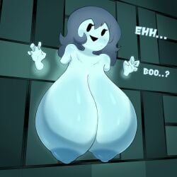 1girls areolae big_breasts blue_hair blue_skin blush blushing boobs breasts female female_only ghost ghost_girl huge_boobs huge_breasts megamor neckline nipples onomatopoeia spooky's_house_of_jump_scares spooky_(shojs) text through_wall wall