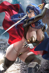 1girls bare_thighs big_breasts bikini blue_eyes blue_hair cleavage falchion_(fire_emblem) female female_focus female_only fire_emblem fire_emblem_awakening gold_bikini golden_bikini high_resolution highres lips long_hair lucina_(fire_emblem) nintendo sword thighhighs video_game_character zumi zumi_(zumidraws)